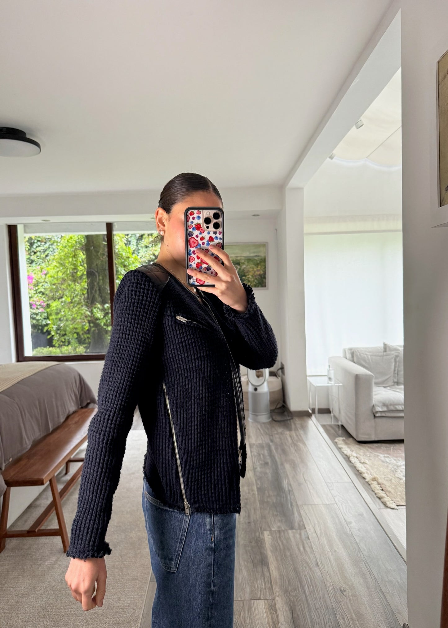 CHAMARRA NAVY BLUE DE KNIT Y PIEL
