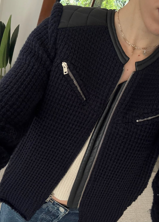 CHAMARRA NAVY BLUE DE KNIT Y PIEL