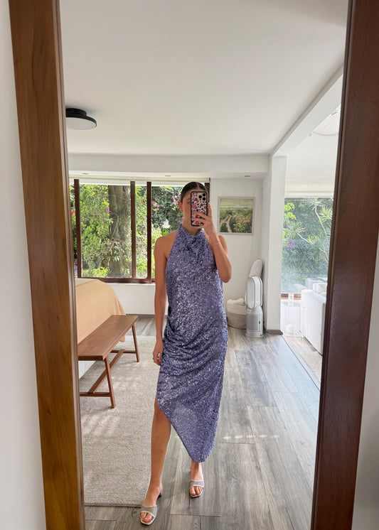 VESTIDO CUELLO HALTER LENTEJUELAS ASIMÉTRICO