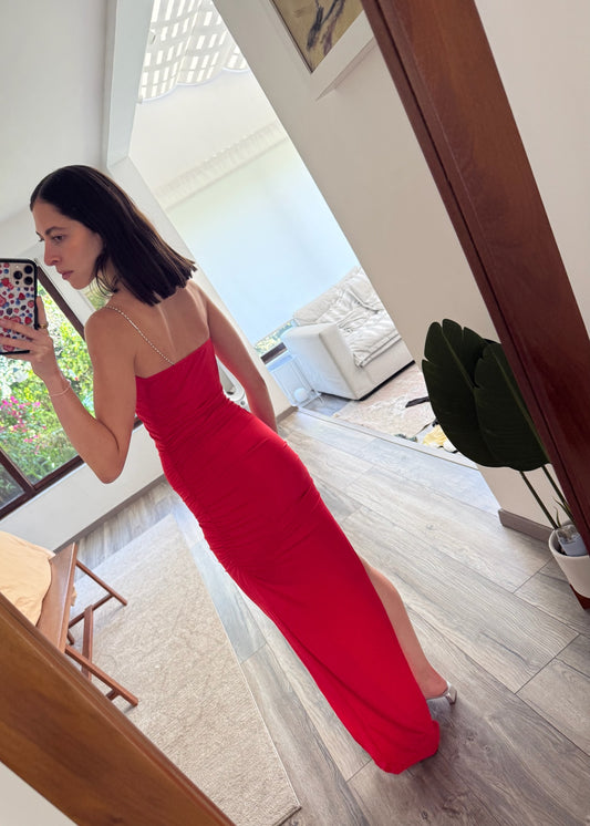 VESTIDO RUCHED DE UN HOMBRO ROJO