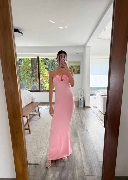VESTIDO ROSA MIDI CON FLORES