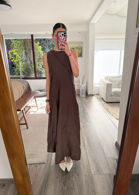 VESTIDO CAFÉ DE TIPO LINO