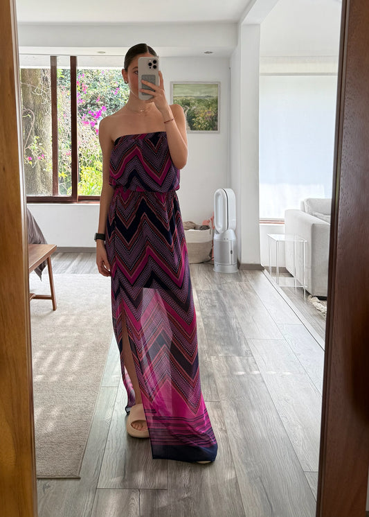 VESTIDO MAXI STRAPLESS CON PRINT