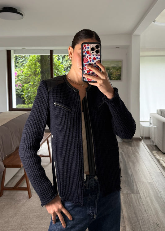 CHAMARRA NAVY BLUE DE KNIT Y PIEL