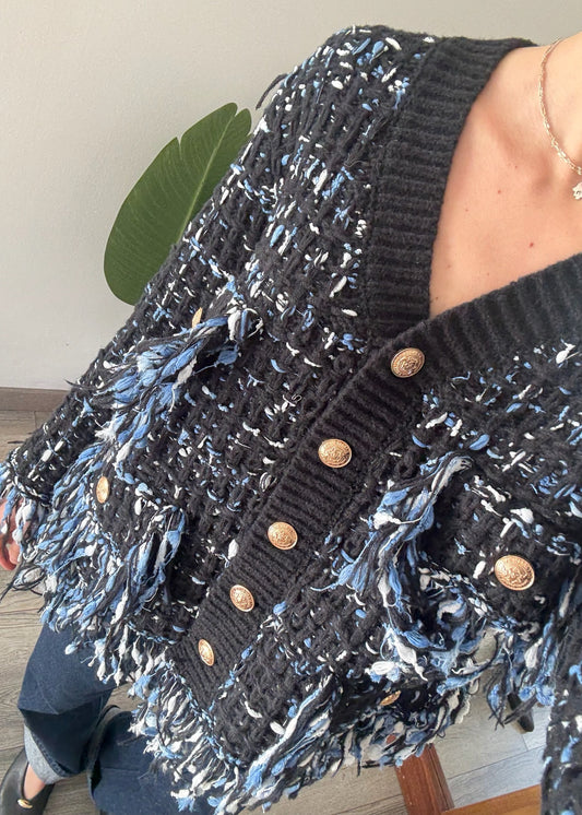 CARDIGAN NEGRO Y AZUL CON FLECOS