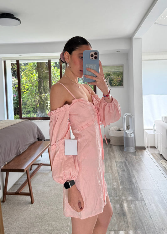 VESTIDO ROSA PASTEL OFF THE SHOULDER
