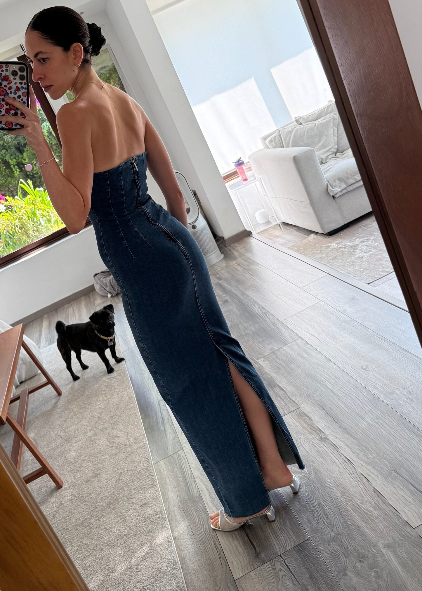 VESTIDO MIDI STRAPLESS DENIM