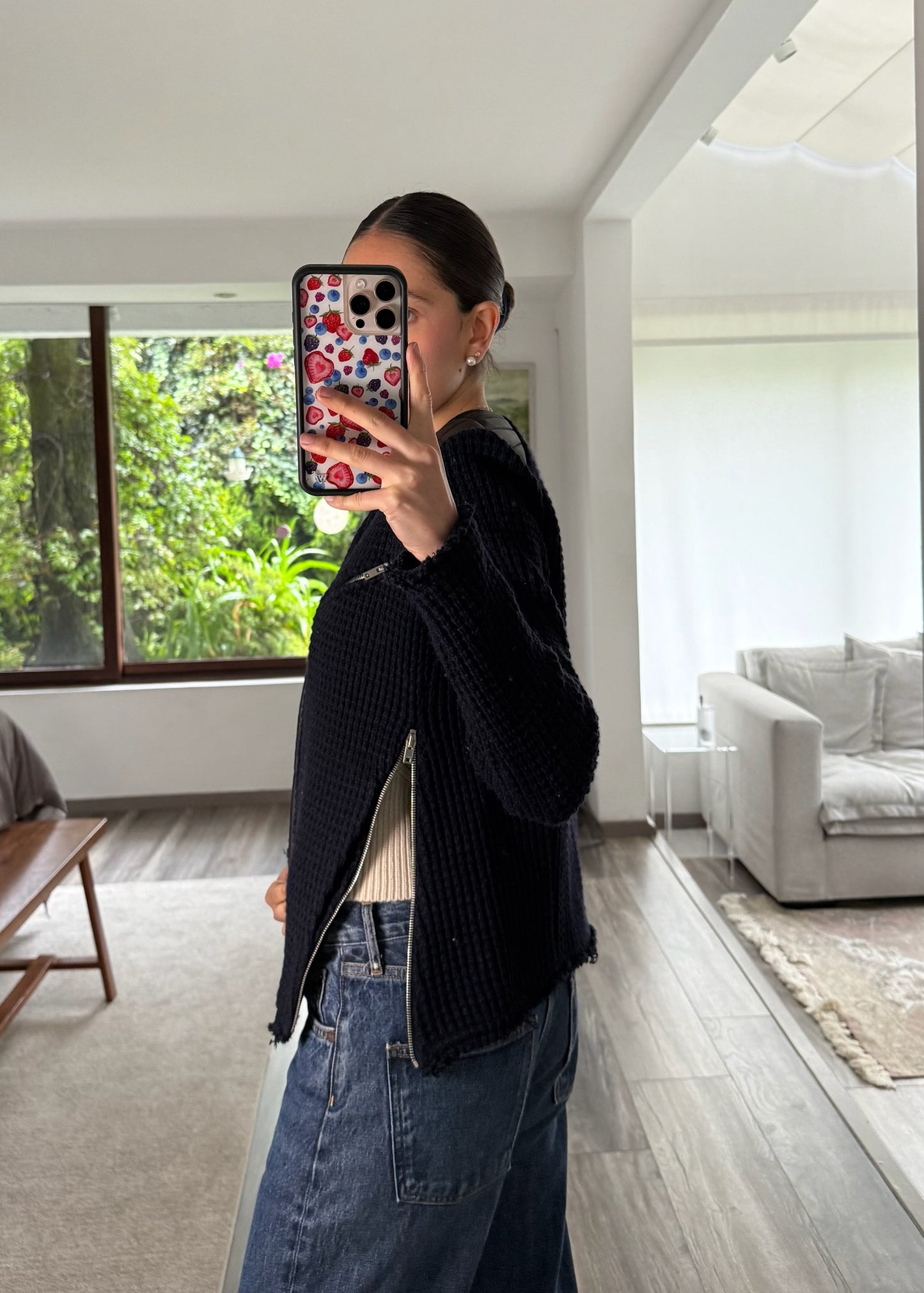 CHAMARRA NAVY BLUE DE KNIT Y PIEL