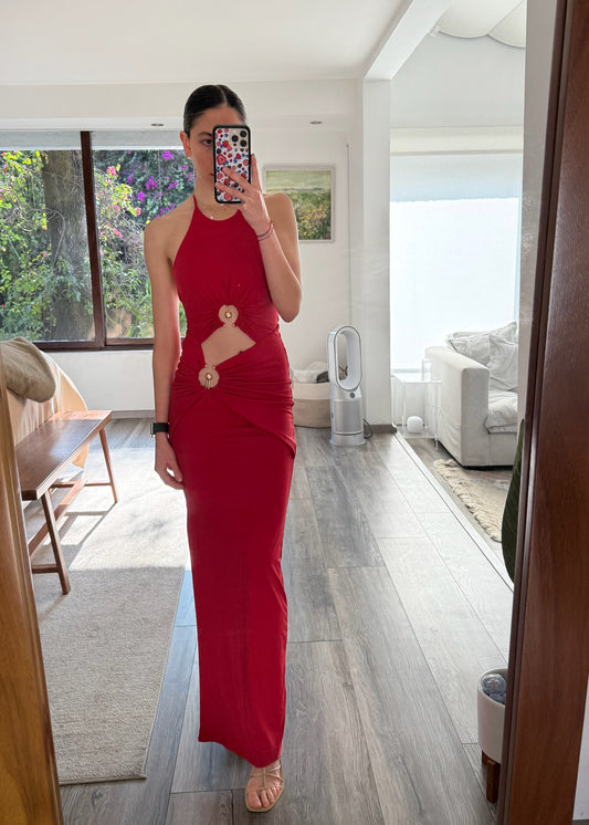 VESTIDO MIDI HOT RED CON CUT OUTS