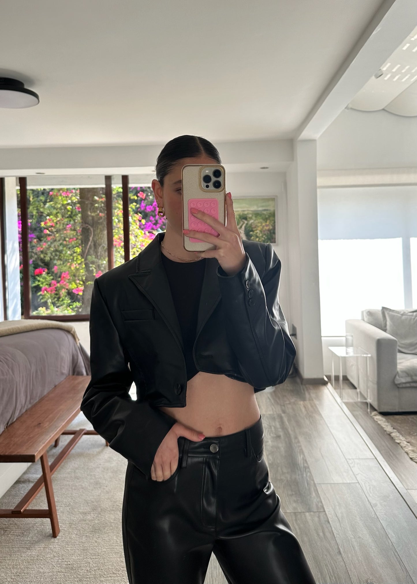 BLAZER CROPPED DE FAUX LEATHER