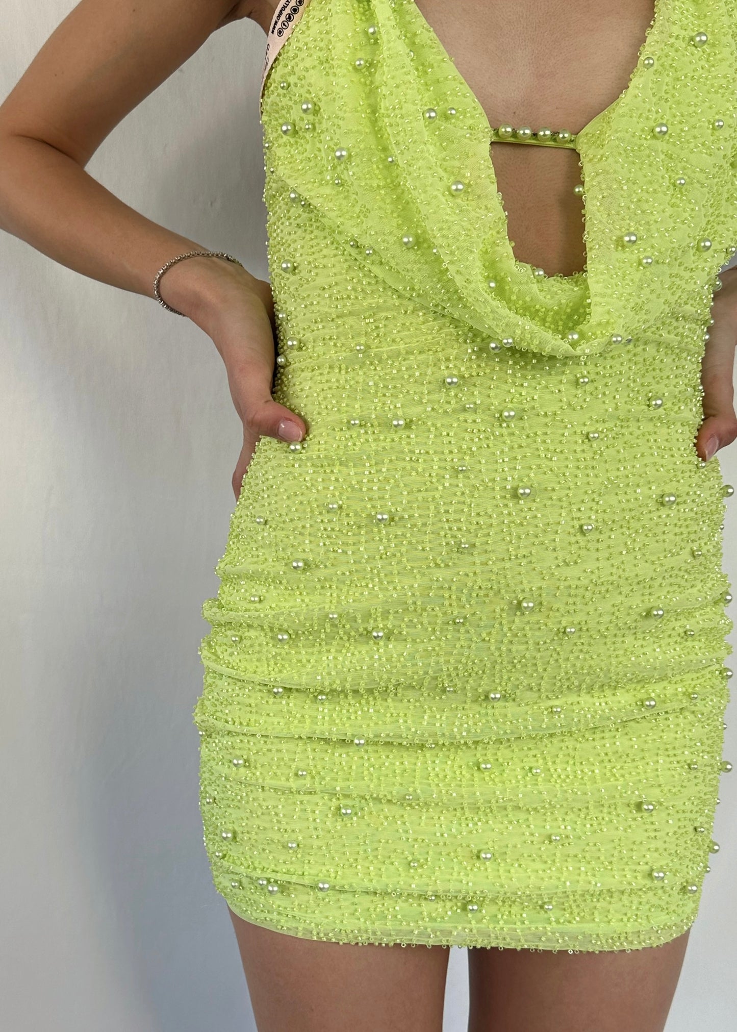 DEEP PLUNGE EMBELLISHED MINI DRESS IN GREEN