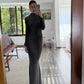 VESTIDO MAXI PLATEADO CUELLO ALTO