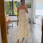 VESTIDO MIDI STRAPLESS CON OLANES