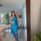 VESTIDO AZUL CON FLECOS Y CUT OUT