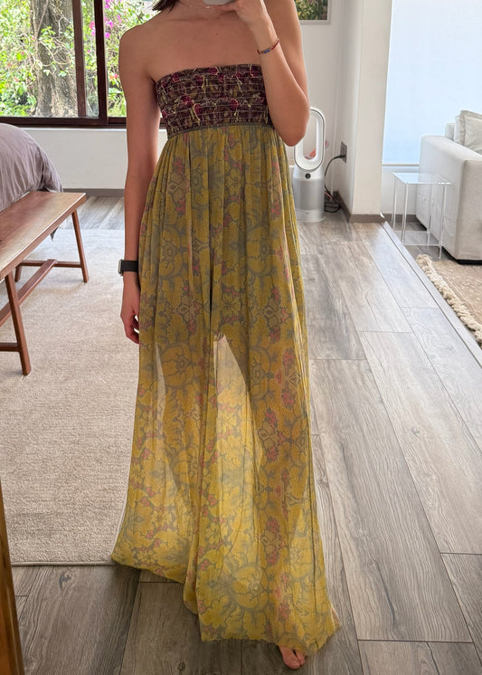 VESTIDO STRAPLESS DE MESH CON PRINT