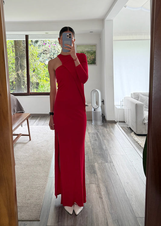VESTIDO MAXI ROJO ASIMÉTRICO