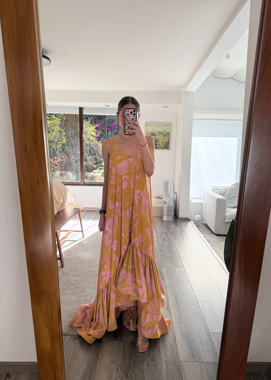 VESTIDO MAXI PRINT FLORES Y OLANES