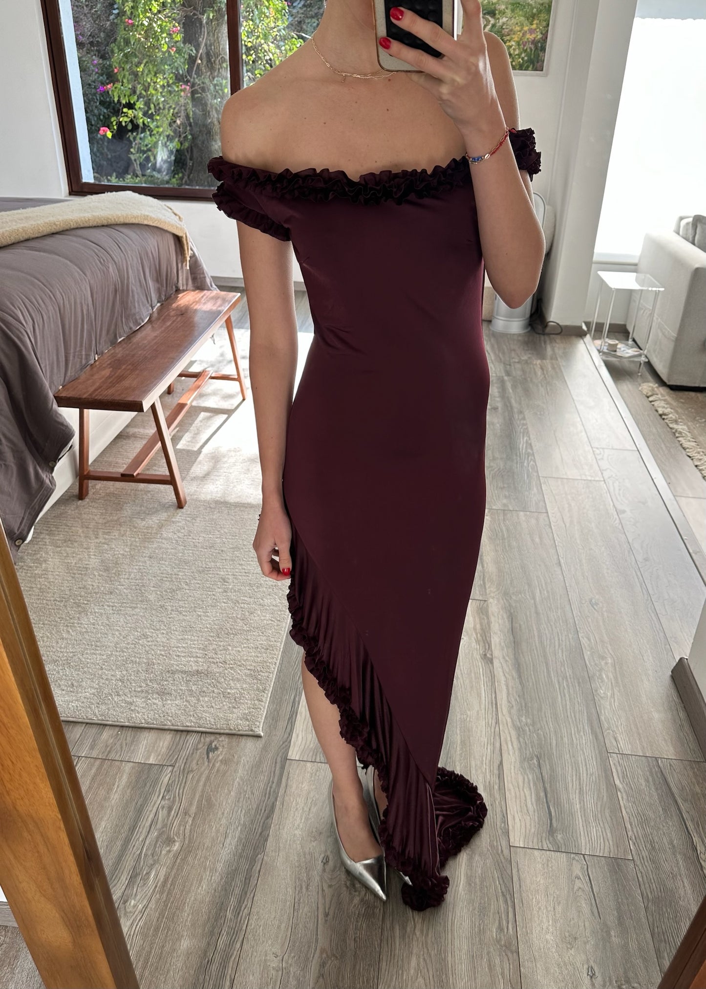 VESTIDO OFF THE SHOULDER BURGUNDY