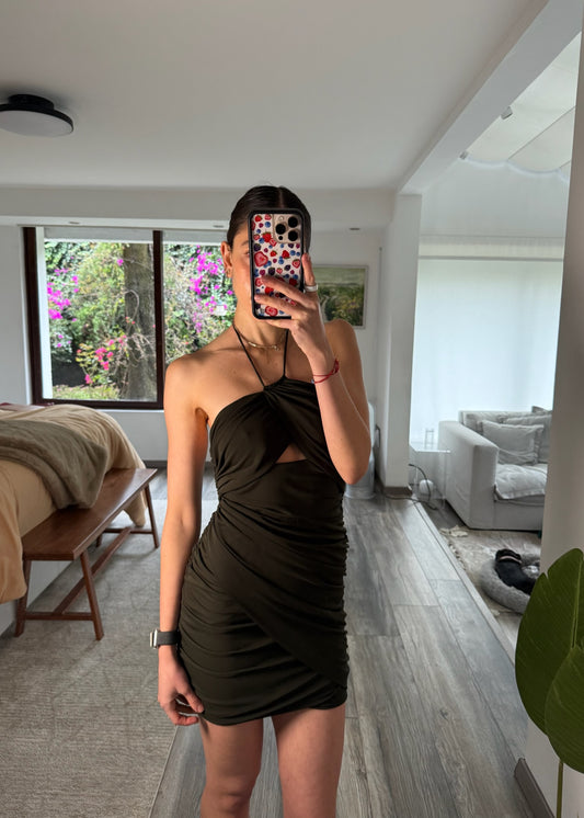 VESTIDO MINI FRUNCIDO VERDE MILITAR