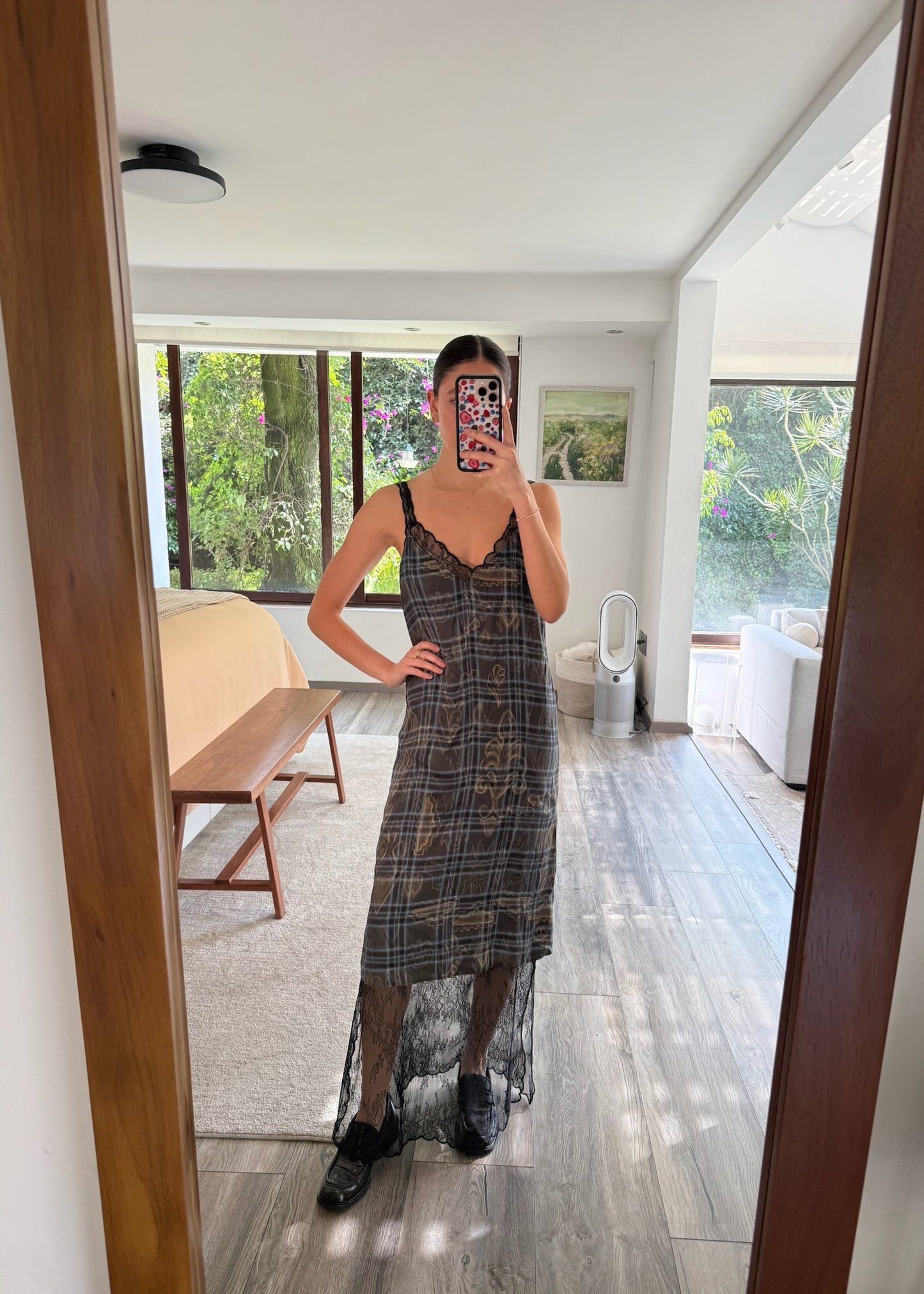 VESTIDO SLIP CUADROS Y ENCAJE