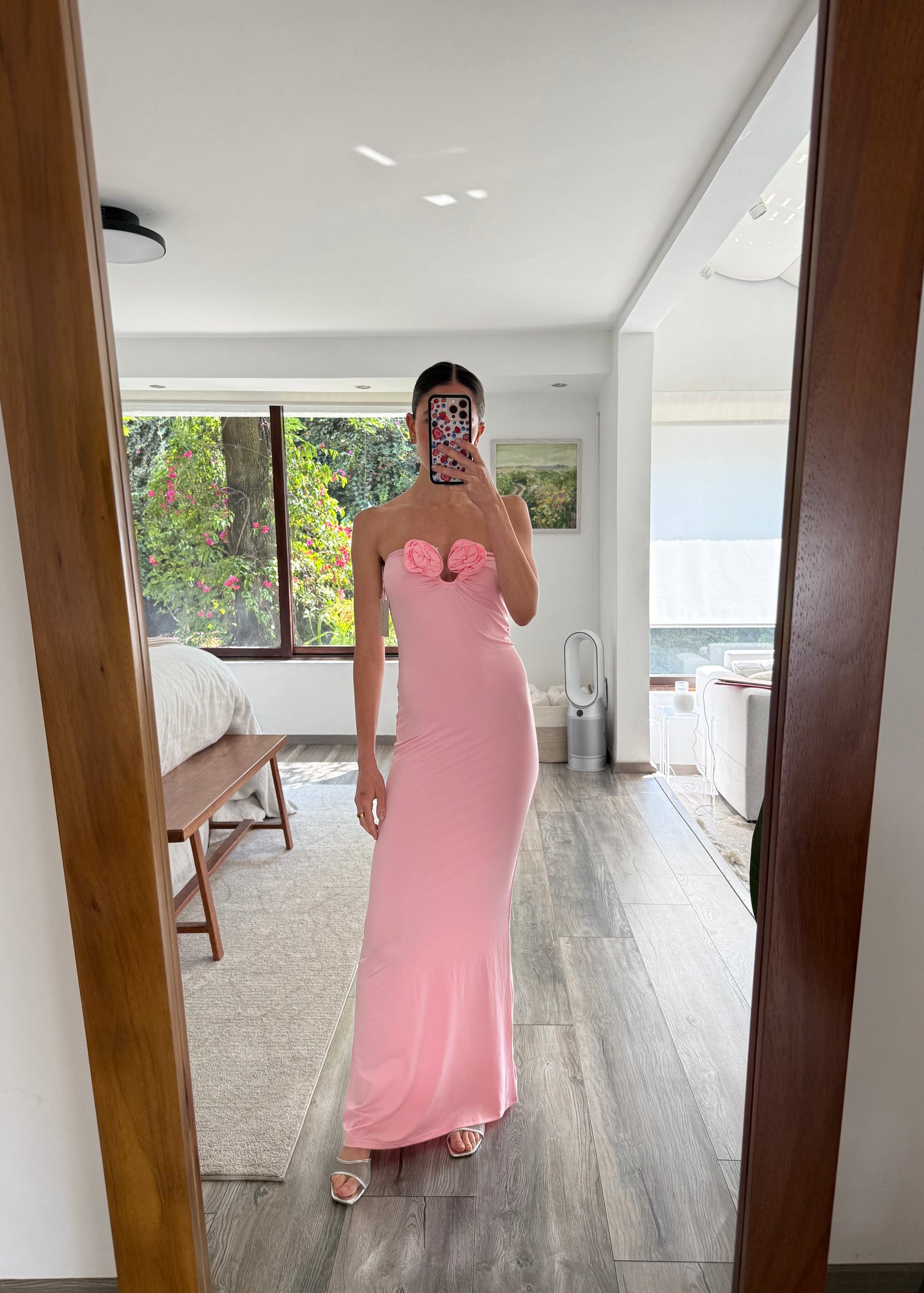 VESTIDO ROSA MIDI CON FLORES