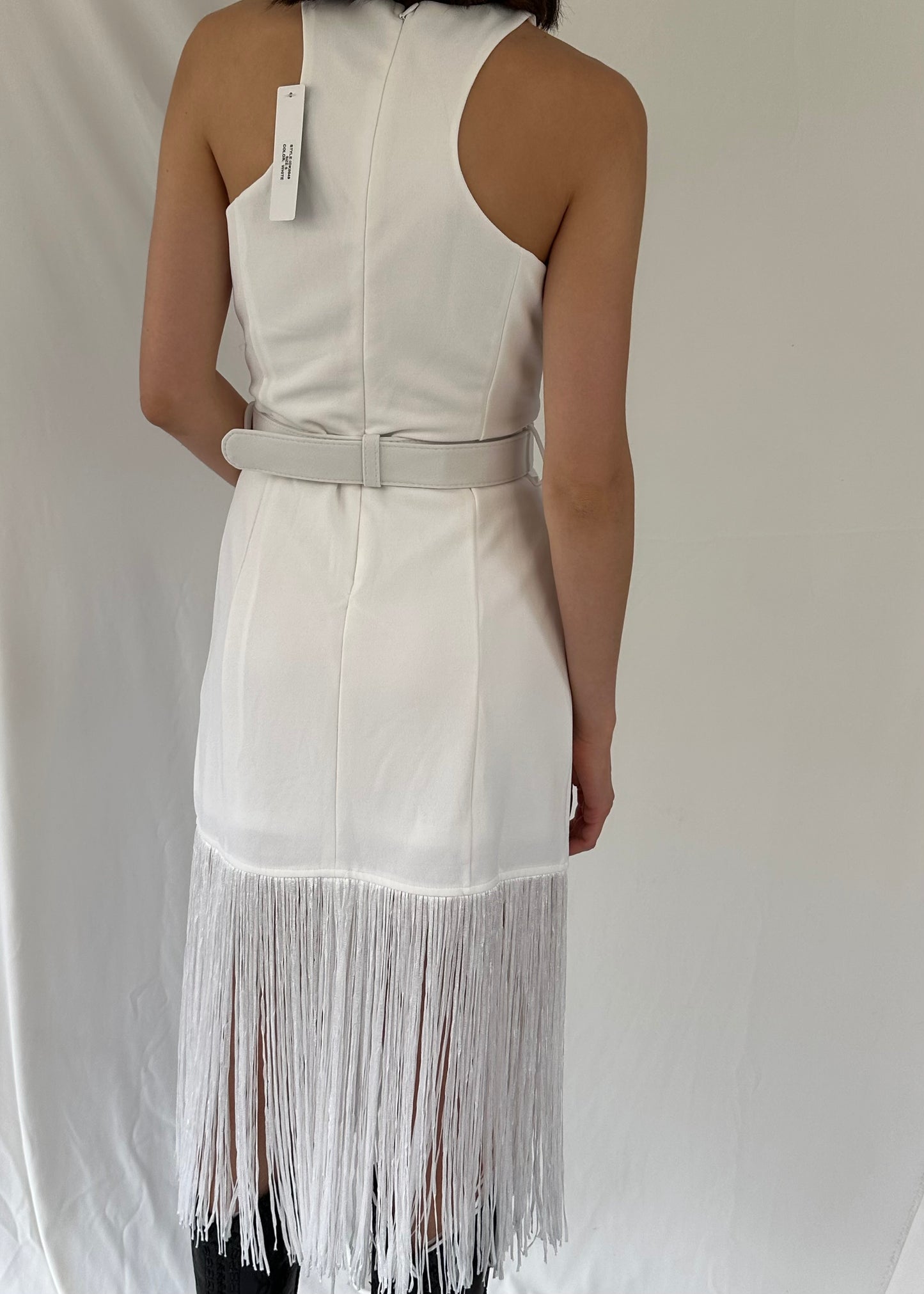 WHITE BELTED MIDI DRESS