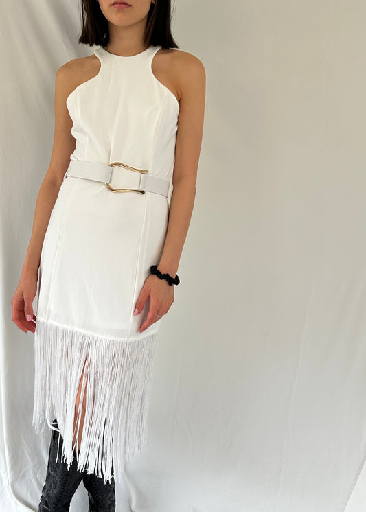 WHITE BELTED MIDI DRESS