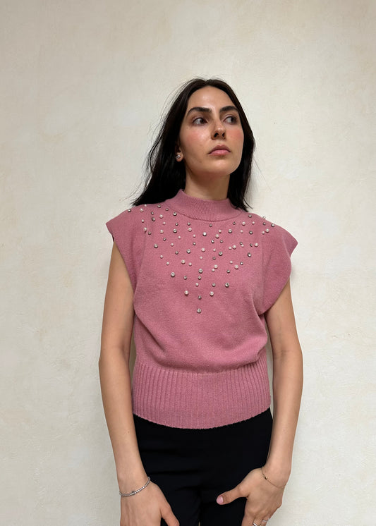 TOP ROSA KNIT CON PERLAS Y DIAMANTÉS