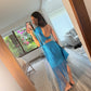 VESTIDO AZUL CON FLECOS Y CUT OUT