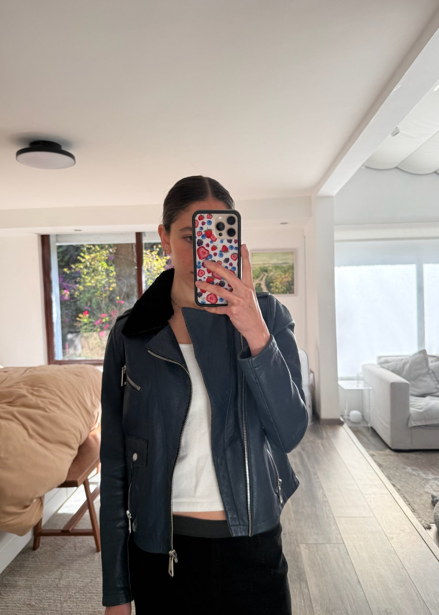 CHAMARRA DE PIEL CON FUR AZUL