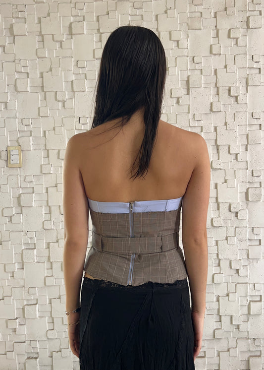 BLUE CORSET & PLAID PRINT TOP