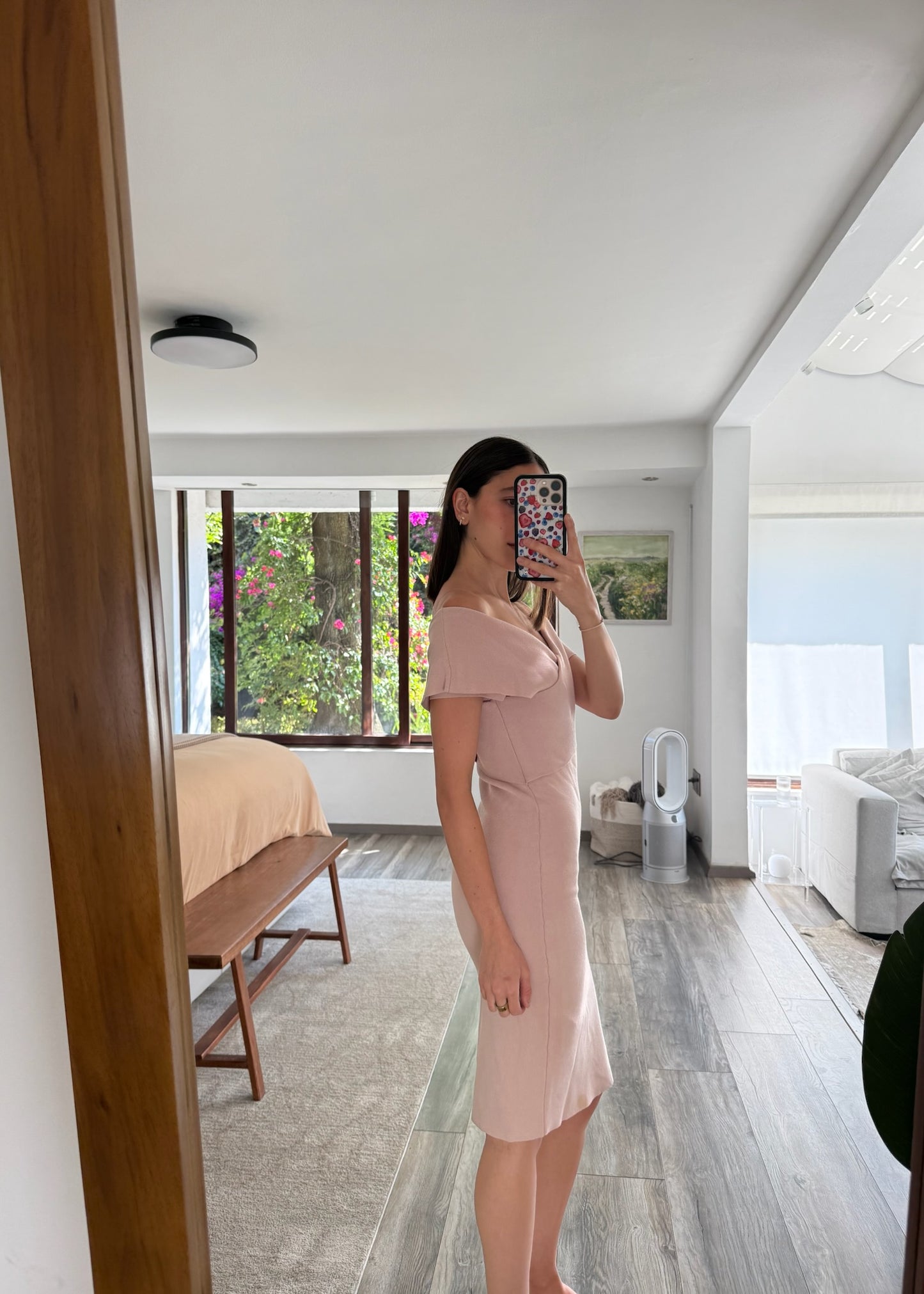 VESTIDO OFF THE SHOULDER MIDI ROSA