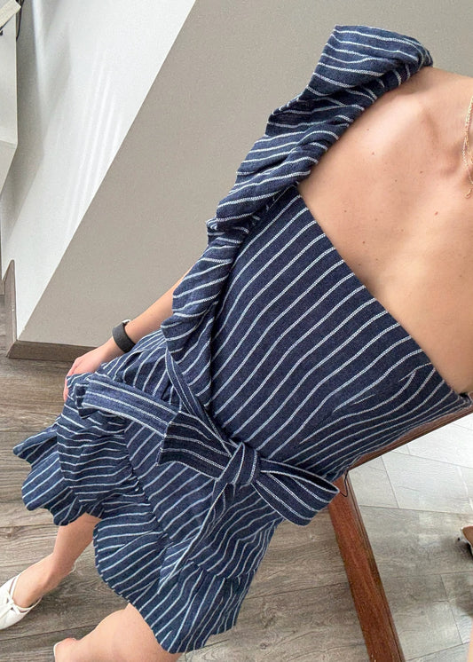VESTIDO AZUL ONE SHOULDER CON RAYAS