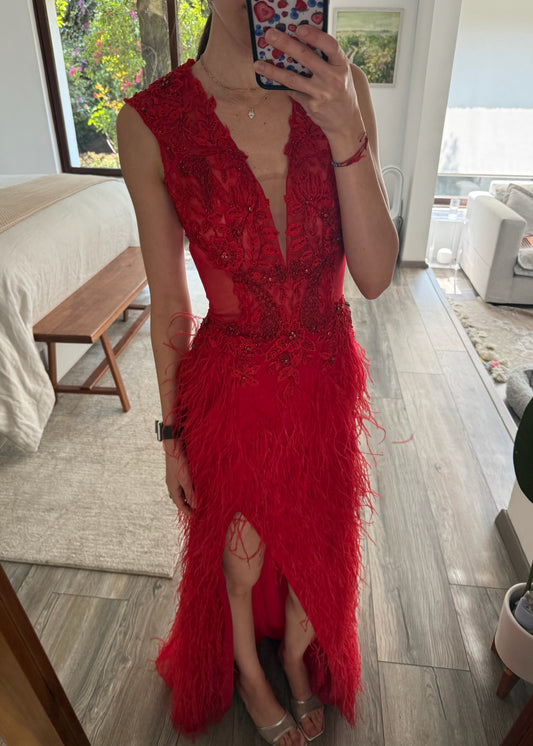 VESTIDO MAXI CON PLUMAS
