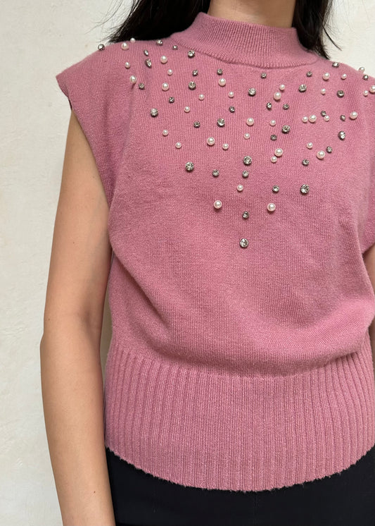 TOP ROSA KNIT CON PERLAS Y DIAMANTÉS