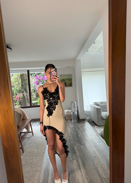 VESTIDO MIDI BICOLOR CON ENCAJE