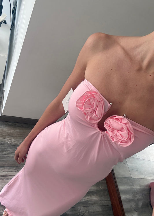 VESTIDO ROSA MIDI CON FLORES
