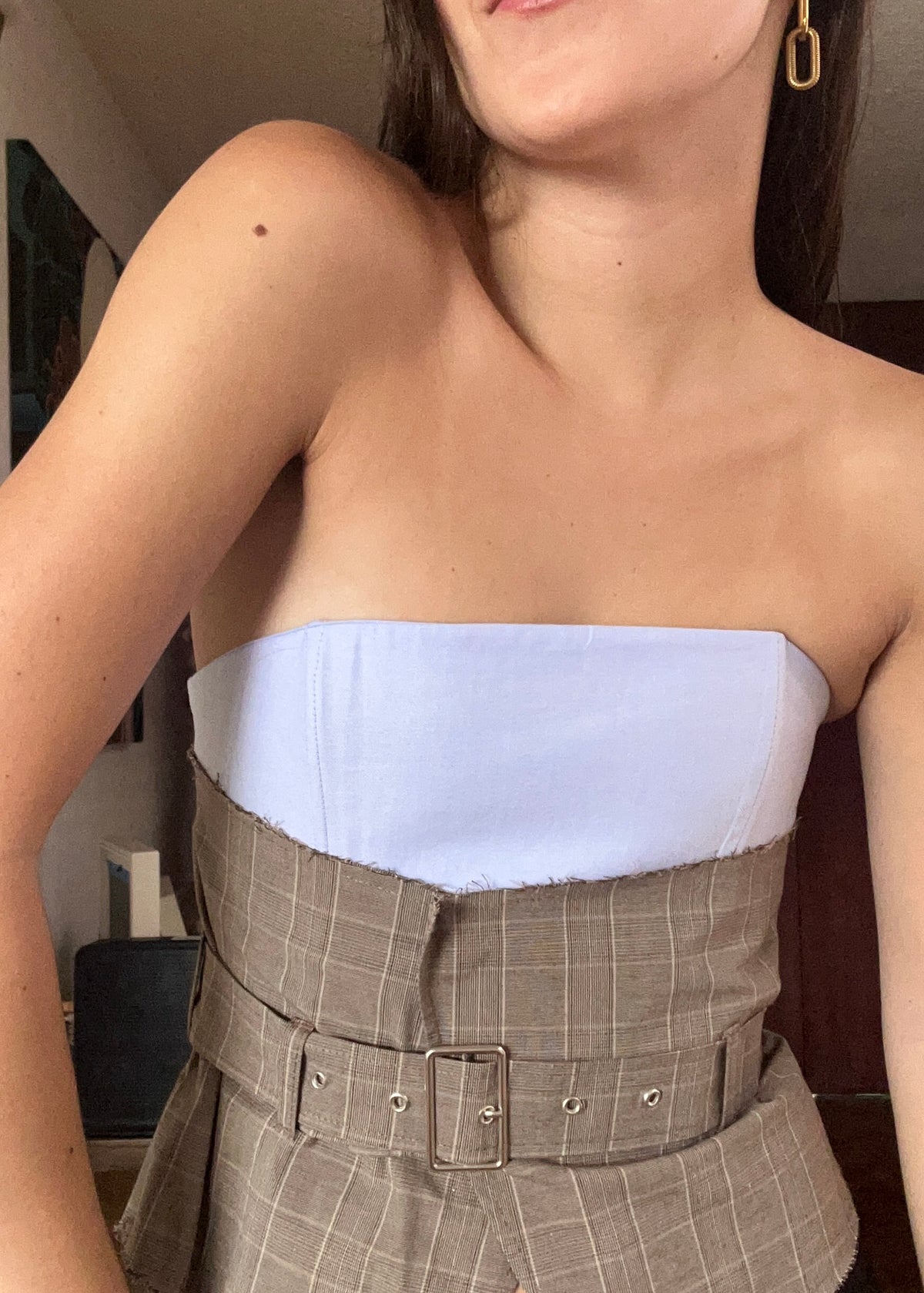BLUE CORSET & PLAID PRINT TOP