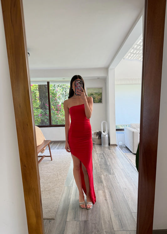VESTIDO RUCHED DE UN HOMBRO ROJO