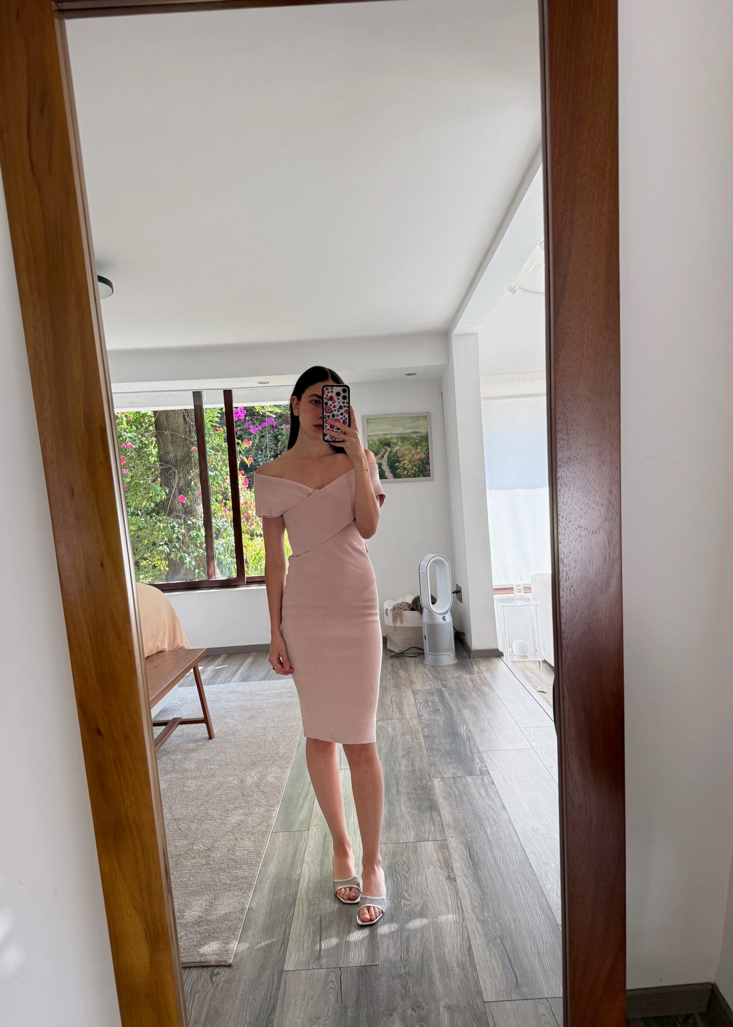 VESTIDO OFF THE SHOULDER MIDI ROSA