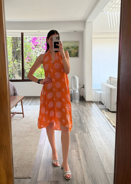 VESTIDO DE SEDA NARANJA CON PRINT