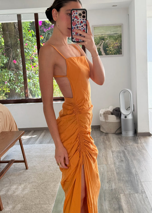 VESTIDO MIDI FRUNCIDO NARANJA