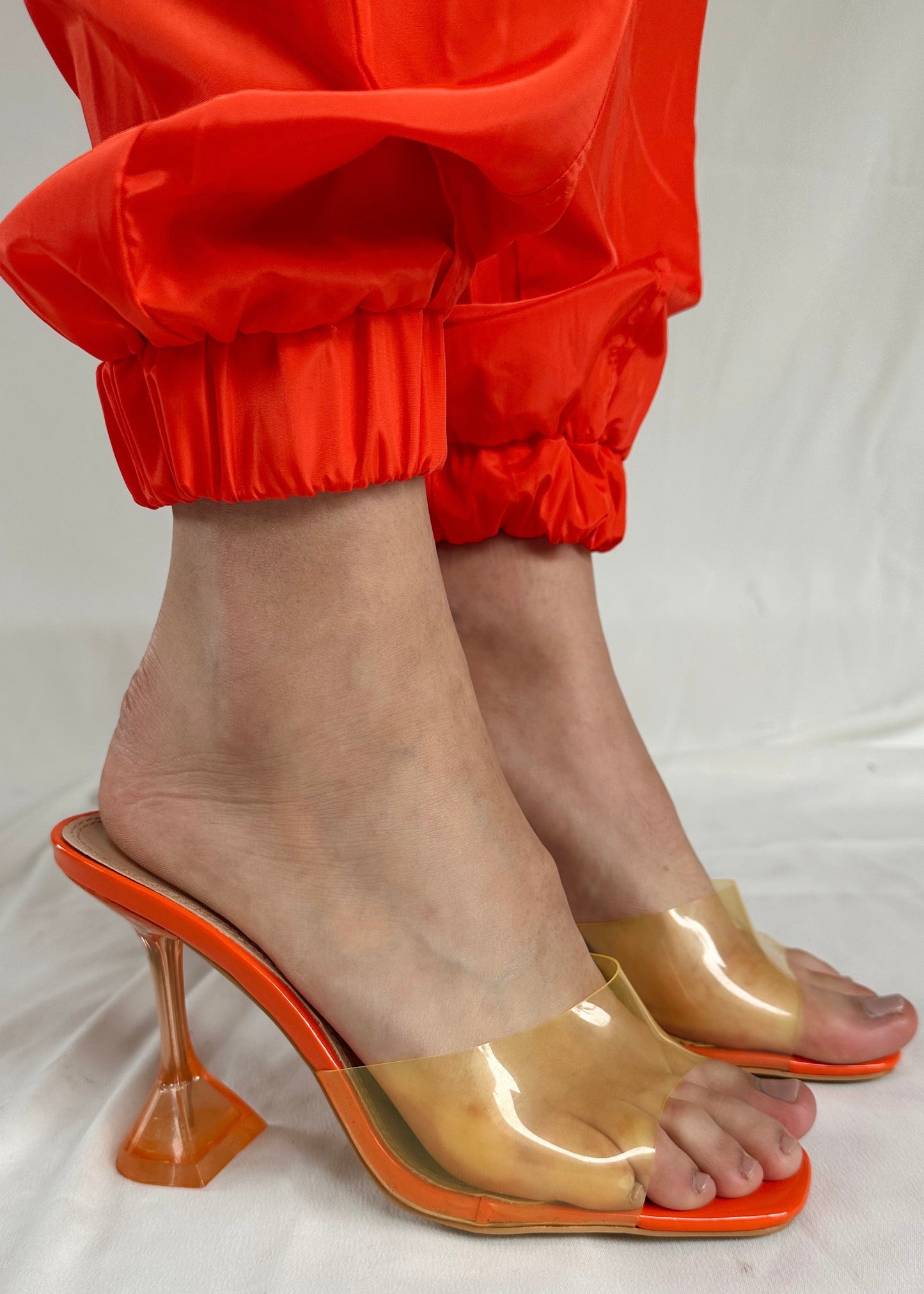 NEON ORANGE HEELED SANDALS