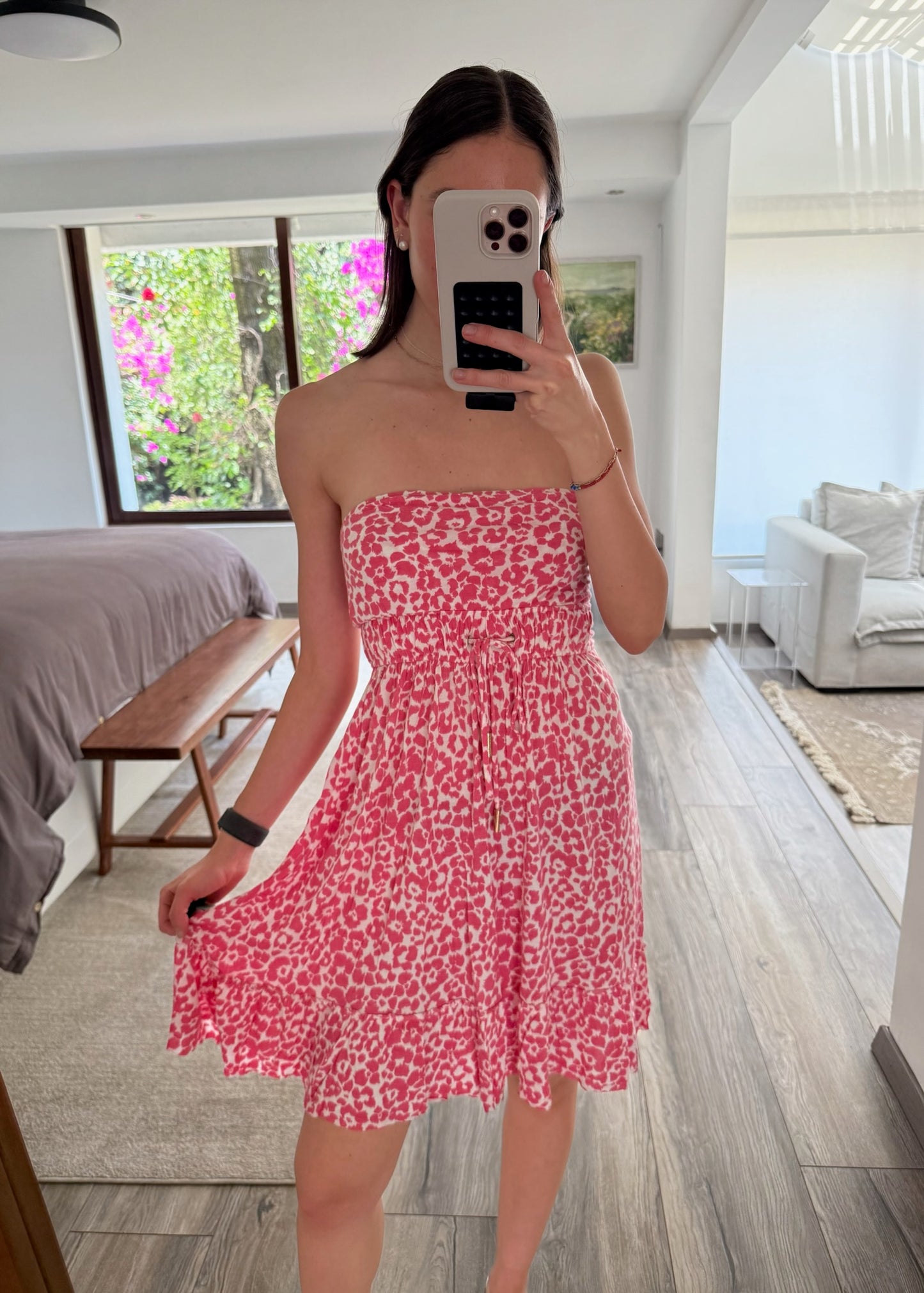 VESTIDO STRAPLESS ROSA ANIMAL PRINT
