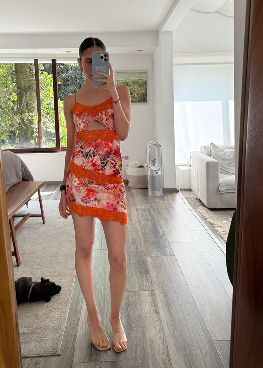 VESTIDO MINI NARANJA CON PRINT Y ENCAJE