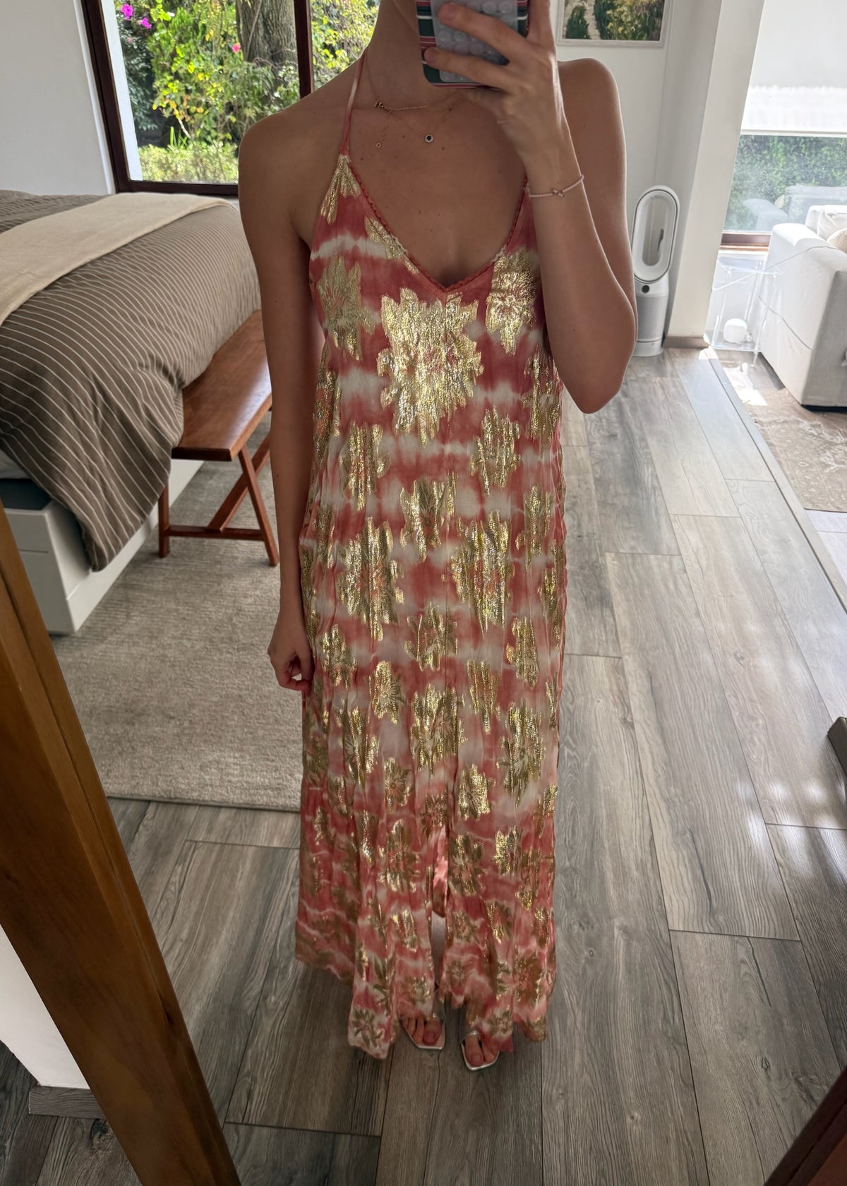 VESTIDO PLAYERO ESTAMPADO DORADO