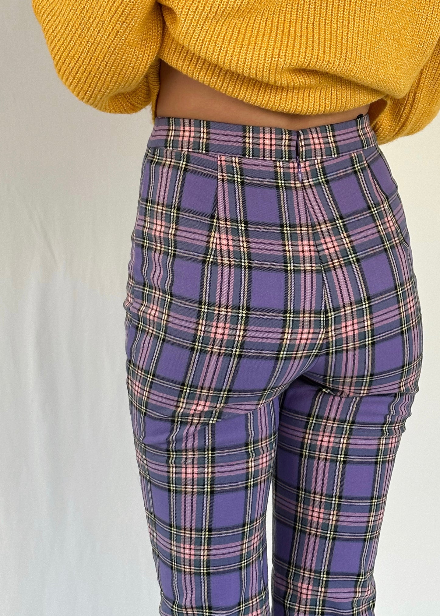 PURPLE PLAID FLARE PANTS