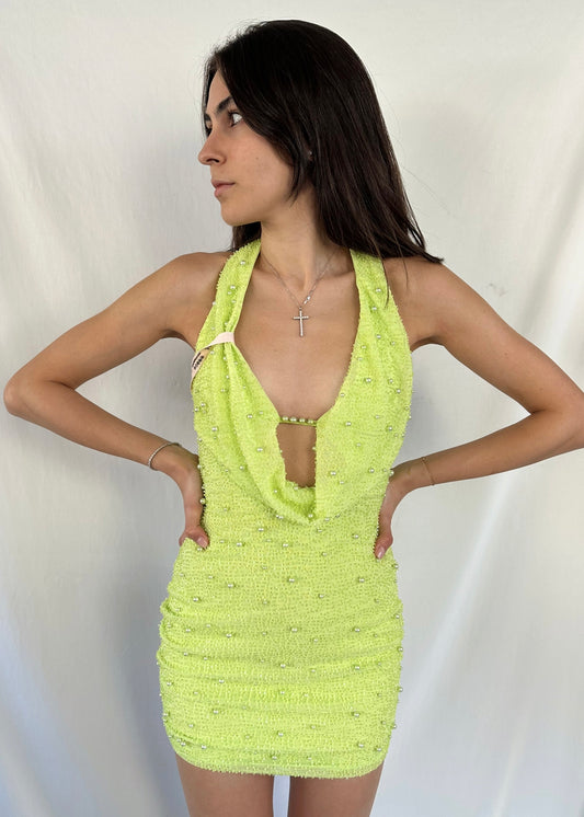 DEEP PLUNGE EMBELLISHED MINI DRESS IN GREEN